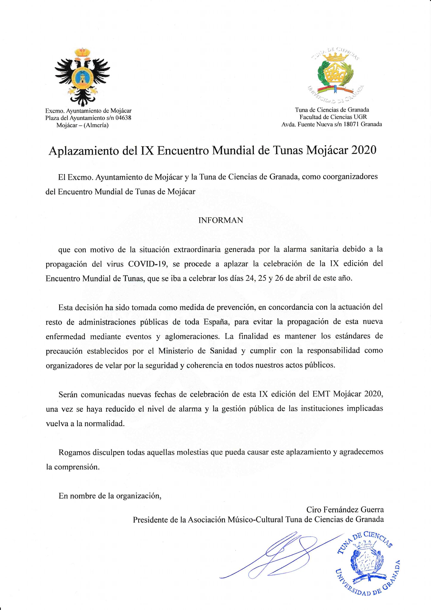Comunicado aplazamiento por Coronavirus